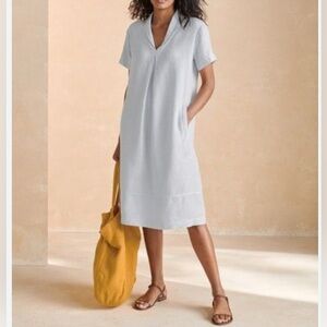 POETRY Sz 8 Midi Linen Dress Sz 10 Powder Blue Shawl-Collar Lagenlook Pocket Art